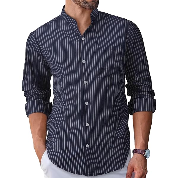 Amazon.com: Men's Banded Collar Stripe Shirt, Linen Cotton